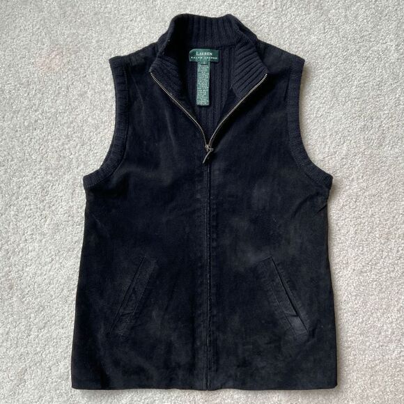 LRL LAUREN Ralph Lauren Black Suede Zip Front Merino Wool Ribbed Sweater Back Ve - Picture 2 of 7